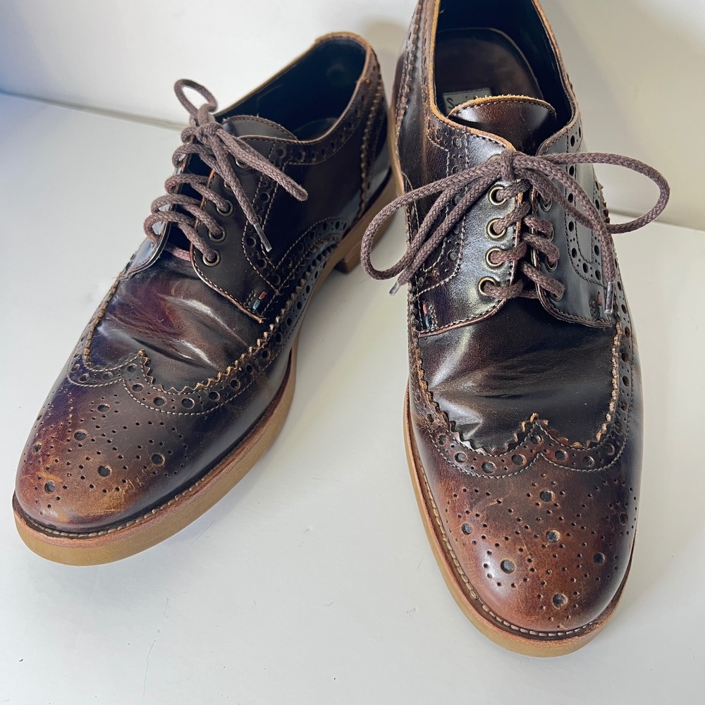 Paul Smith Mens 9 Dark Brown Leather Wingtip Brogue Oxford Shoes Burnished Dress